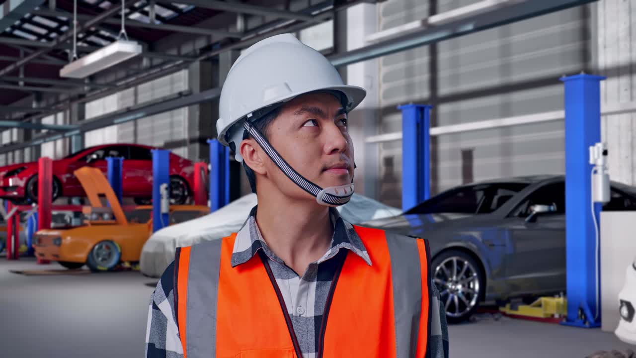 Primer plano de un ingeniero asiático con casco de seguridad mirando a su alrededor de pie en un taller de reparación de automóviles
