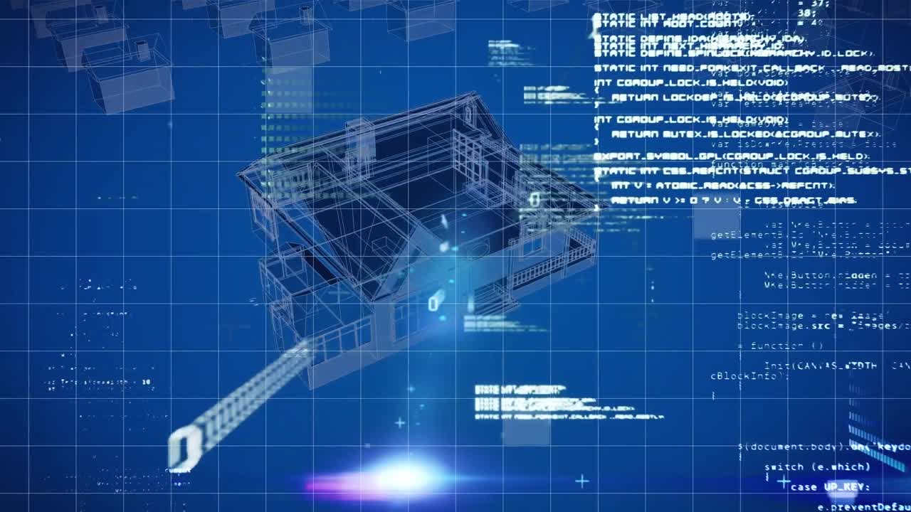 Digital animation of data processing against 3d city model spinning on blue background