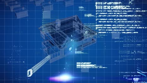 animación digital del procesamiento de datos contra un modelo de ciudad en 3d girando sobre un fondo azul
