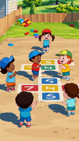 children playing hopscotch in the backyard