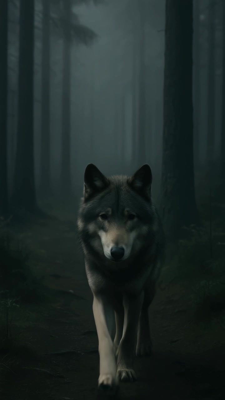 Gray Wolf Walking Through a Dark Misty Forest