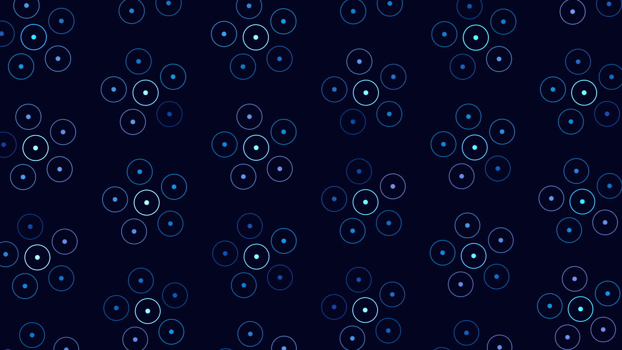 Digital pattern with abstract neon rings in rows on black gradient