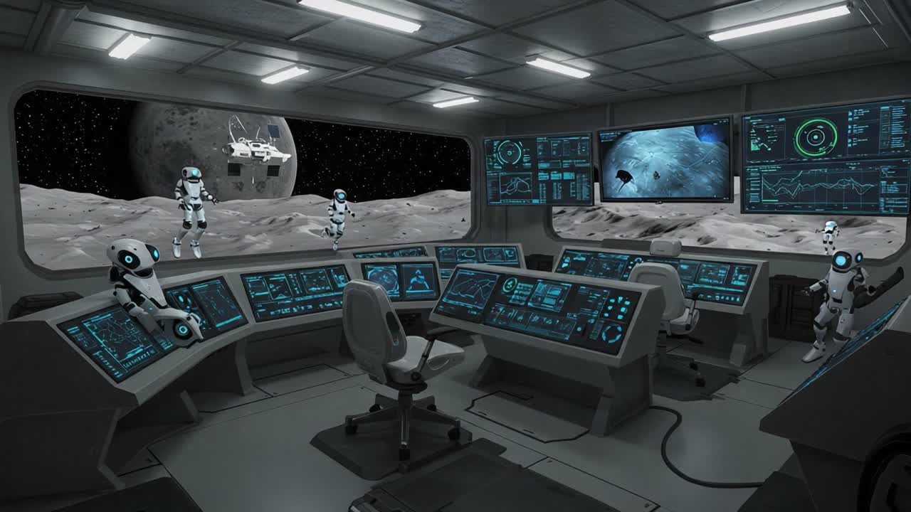 Futuristic Space Mission Control Room Featuring Robots and Moon Landscape with Advanced Technology Displays and Astronauts Amidst a Celestial Exploration Scene