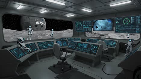 futuristic space mission control room featuring robots and moon landscape with advanced technology displays and astronauts amidst a celestial exploration scene