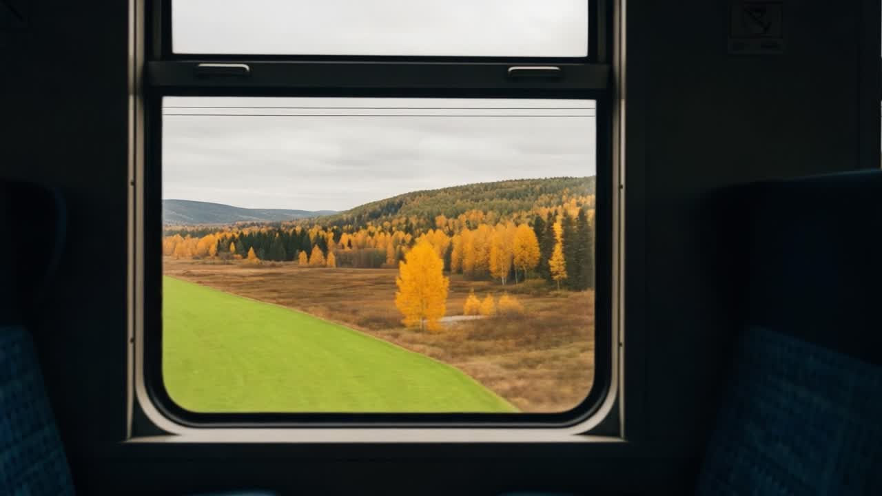 Captivating Autumn Landscapes Viewed from a Train Window: A Journey Through Vibrant Yellow Foliage and Expansive Fields