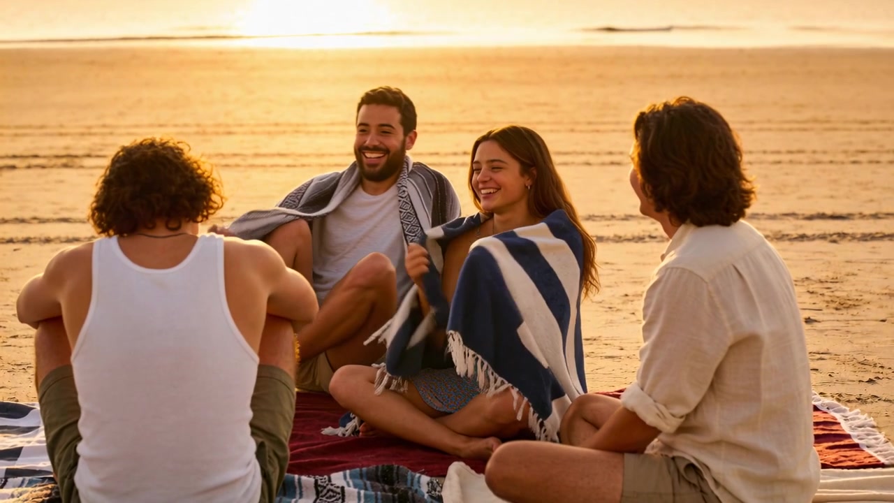 Uomo che arriva e si avvolge in un asciugamano grigio, unendosi agli amici in costume da bagno sulla spiaggia con un pareo a righe al tramonto.