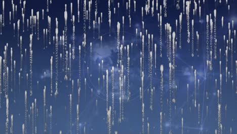 Animation-of-falling-lights-over-rotating-globe-on-dark-blue-background