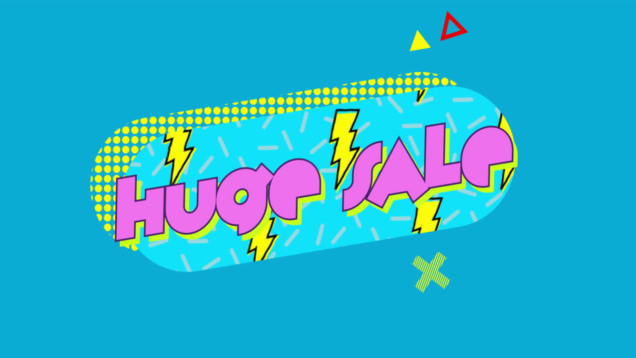 Huge sale text animation with colorful shapes and lightning bolts on blue background