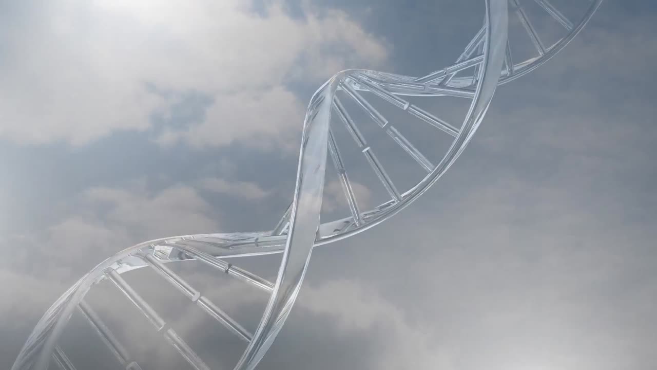 Animazione di un filamento di DNA 3D che ruota su nuvole in un cielo blu.
