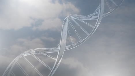 animación de una cadena de adn en 3d girando sobre nubes en el cielo azul