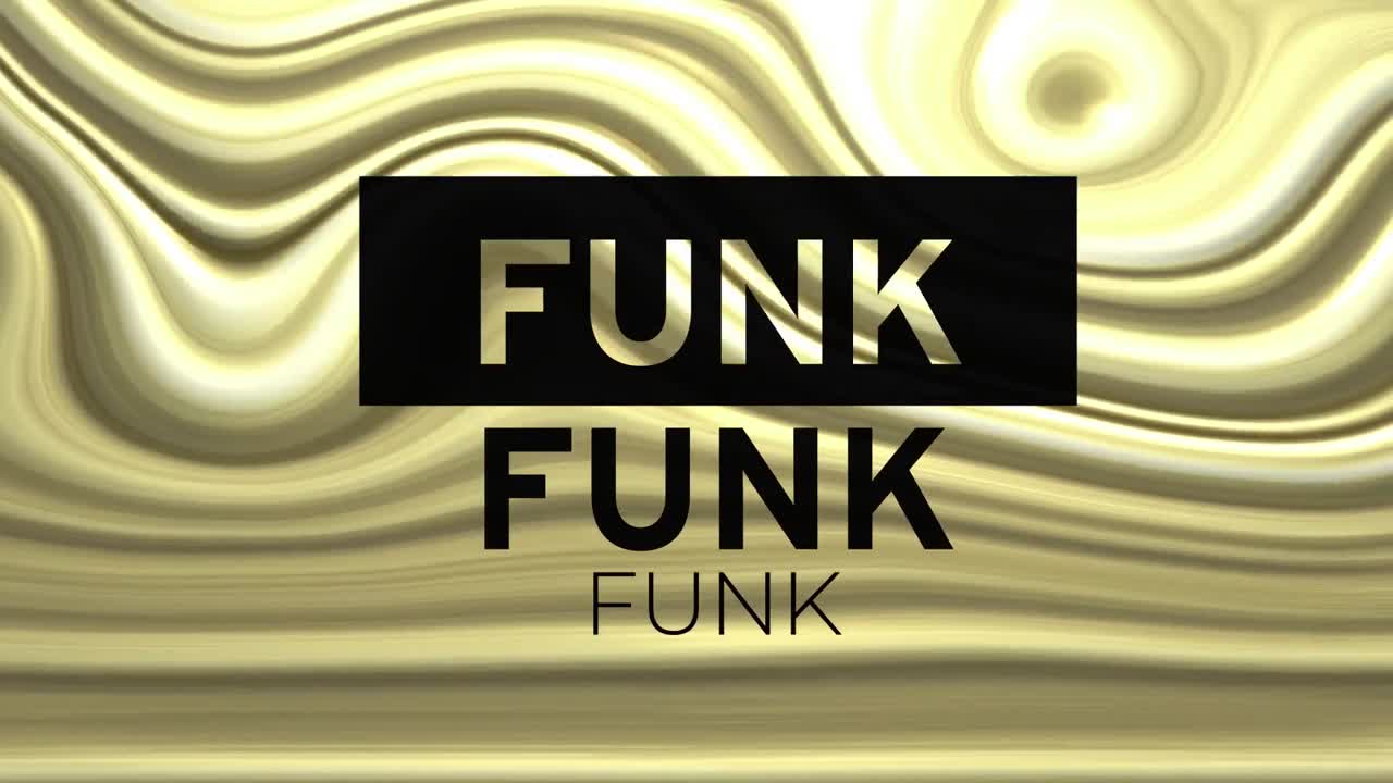 animación de texto funk sobre un fondo líquido dorado.