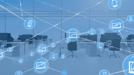 animation of network of connections with device icons over office