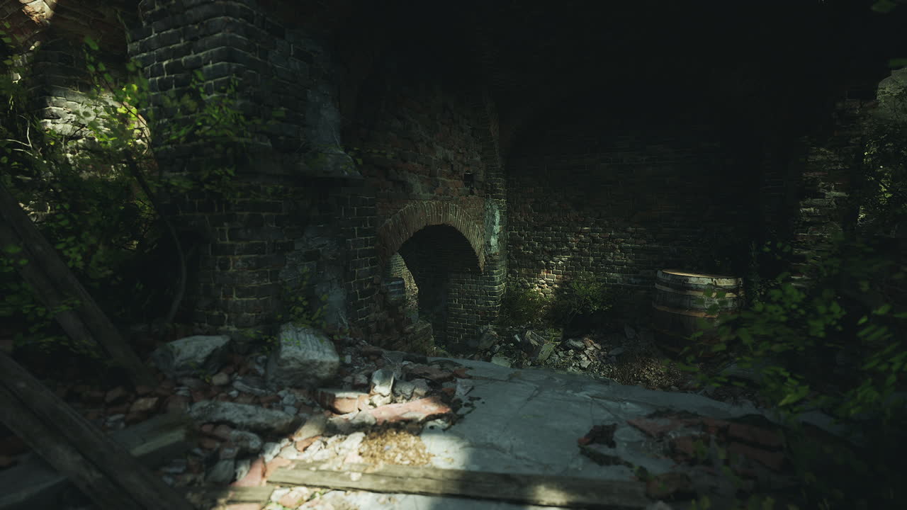 Abandoned structure with natural overgrowth in a dimly lit environment