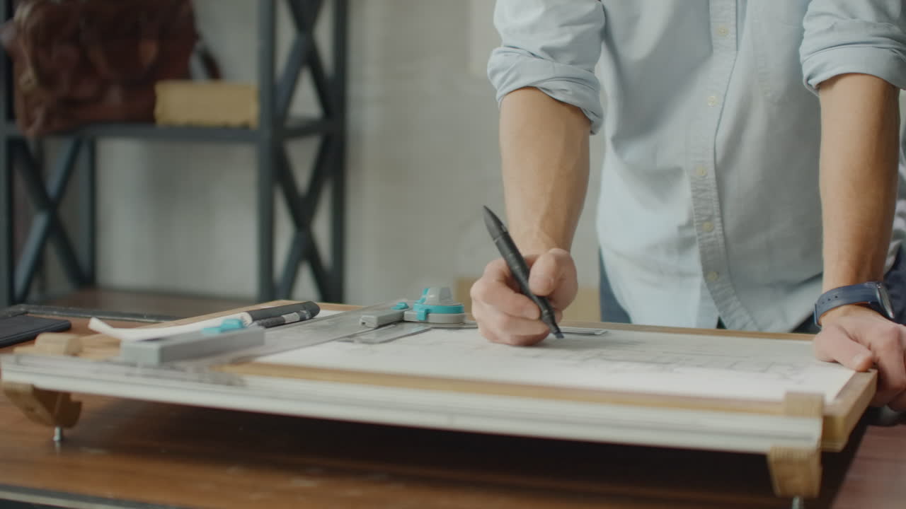 escritorio del arquitecto: dibujos cinta medir regla y otras herramientas de dibujo. ingeniero trabaja con dibujos en un despacho brillante de primer plano. insturments y oficina para diseñador. manos masculinas dibujan con un lápiz.