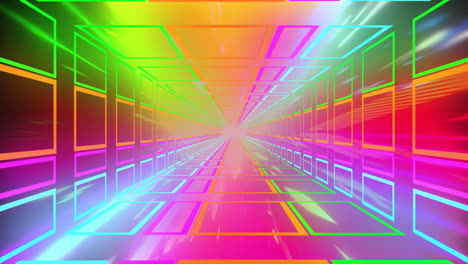 animation of tunnel of coloured neon square outlines with light trails moving through it