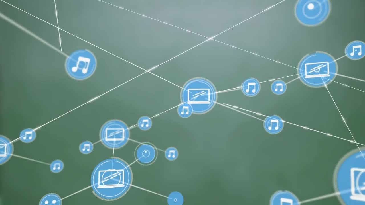 녹색 그라디언트 배경에 대한 디지털 아이콘 네트워크의 애니메이션