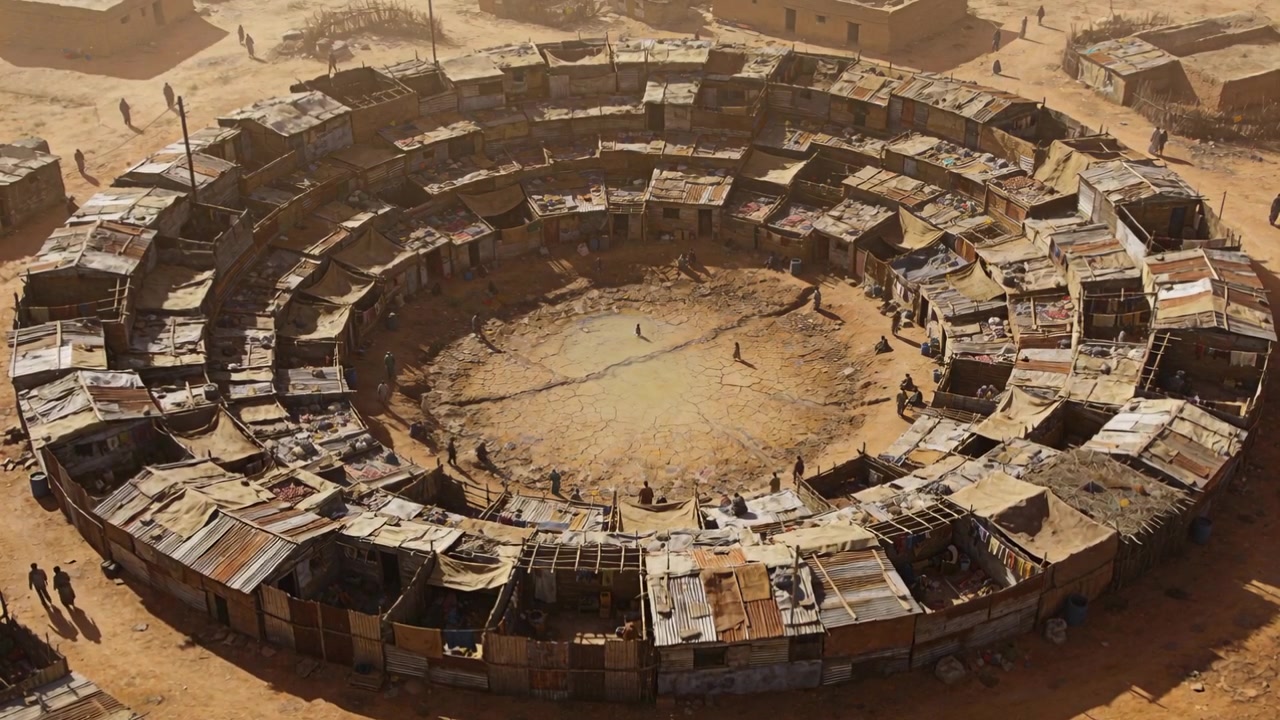 Drone révélant un complexe central dans un camp, des résidents en robes marchant parmi les toits de bâches.