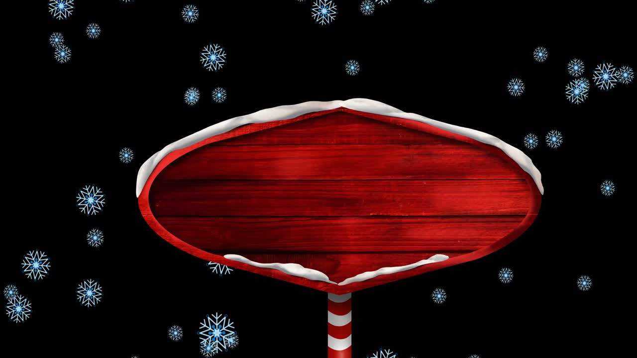 Animation of wooden sign with copy space over snow falling