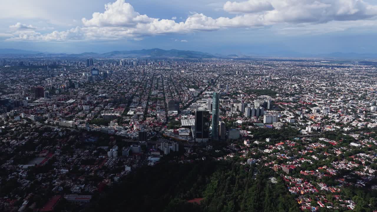 Drone view of a densely populated zone in Mexico City, with a clear and smog-free sky
