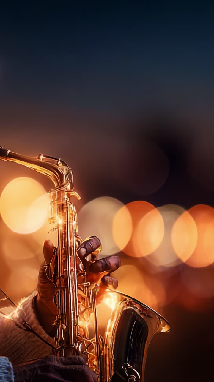 A Hand Holding a Saxophone Amidst a Dreamy Background of Soft Bokeh Lights at Dusk, Capturing the Essence of Music and Nighttime Serenity