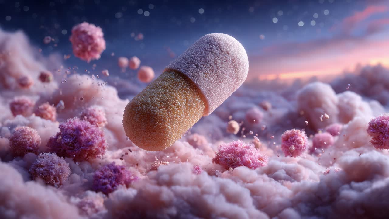 A Serene Capsule Floating in a Dreamlike Cloudscape, Surrounded by Colorful Puffs of Softness and Sparkling Particles, Capturing a Tranquil and Ethereal Atmosphere