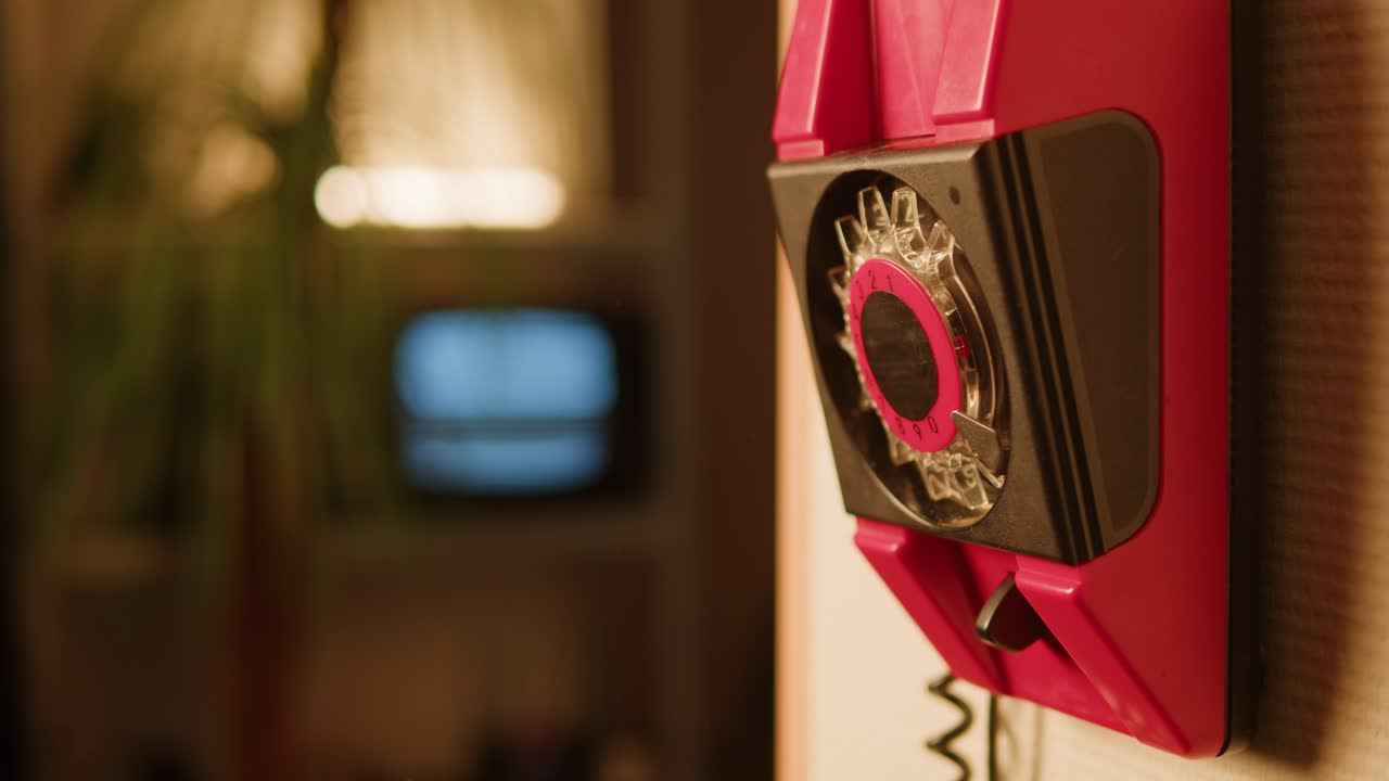 Retro vintage phone, red rotary telephone is displayed on a wooden desk, adding a nostalgic touch