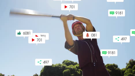 animation of social media icons with growing numbers over caucasian male baseball player