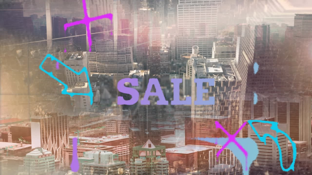 도시 풍경의 높은 각도 뷰 위에 화살표와 상징으로 판매 텍스트의 애니메이션