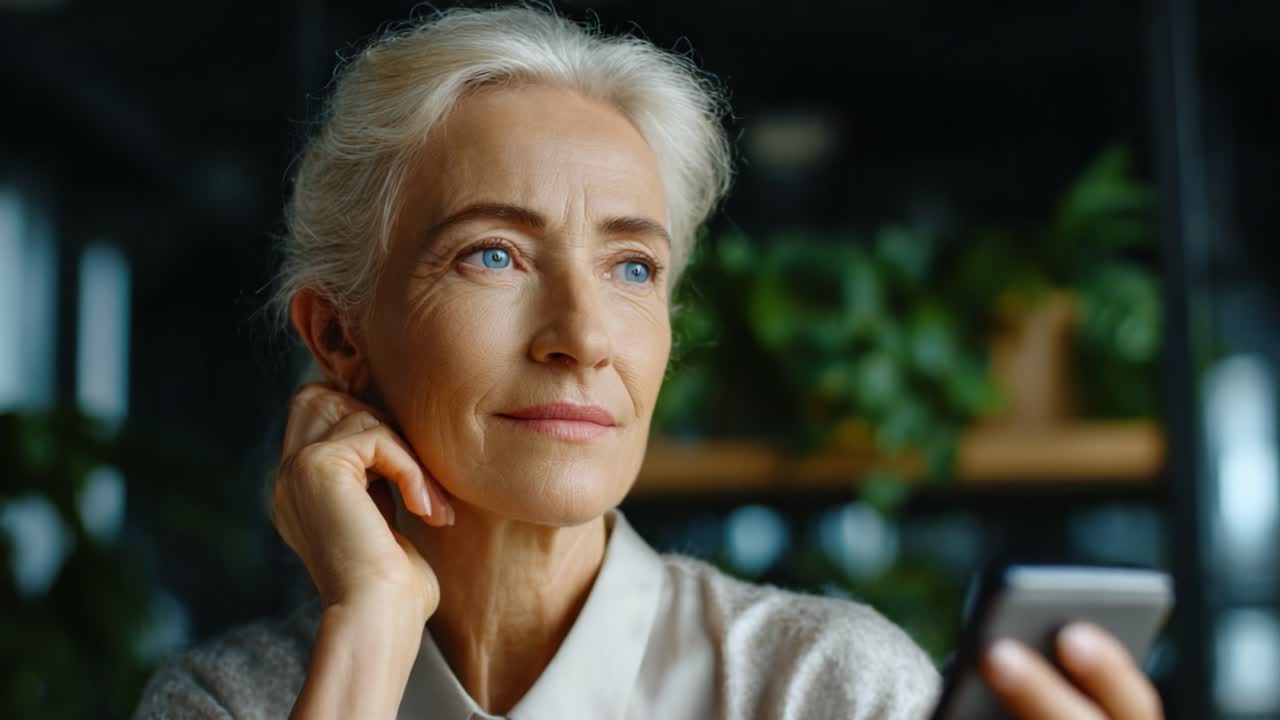 A Thoughtful Senior Woman Reflecting While Using a Smartphone Amidst a Lush Indoor Plant Setting, Capturing Moments of Connection and Contemplation