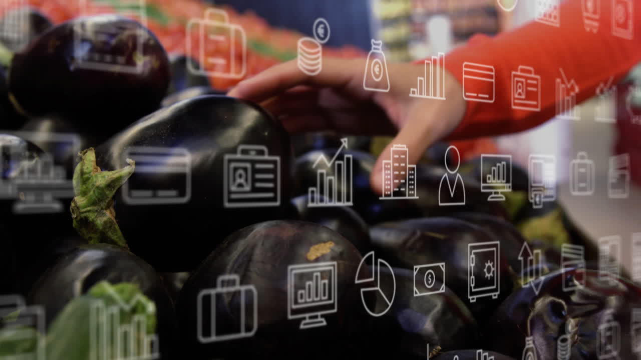 Hand selecting eggplants, business icons overlaying animation in market scene
