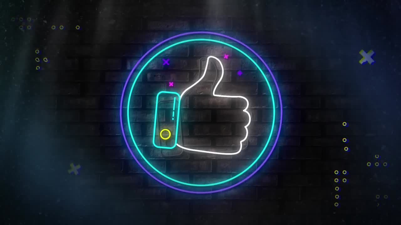 Digital animation of abstract shapes over neon blue like icon on round banner against brick wall