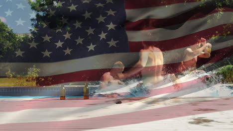 Gruppe-Von-Freunden-In-Einem-Pool-Und-Die-Amerikanische-Flagge