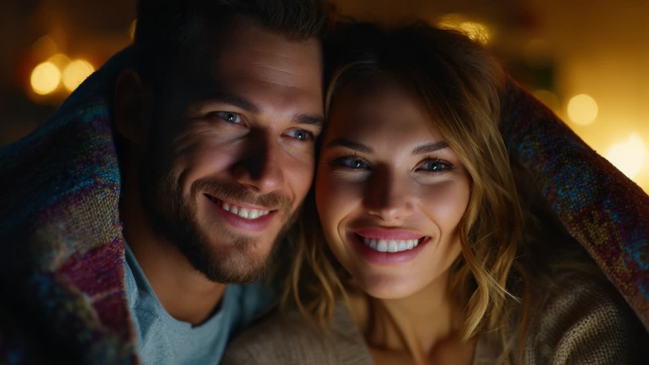 A Warm and Cozy Evening Together, Two Smiling Individuals Sharing a Blanket, Radiating Happiness and Connection Amidst a Softly Lit Background Filled with Warmth and Comforting Light