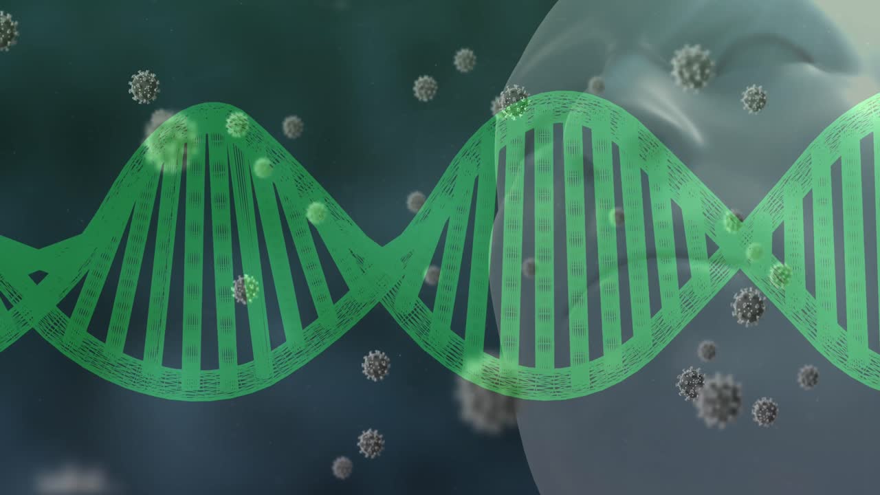 adn y bacterias de coronavirus volando sobre la cabeza del hombre.