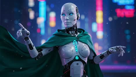 futuristic robot figure in a dynamic urban environment with neon lights, capturing the essence of advanced technology and artificial intelligence