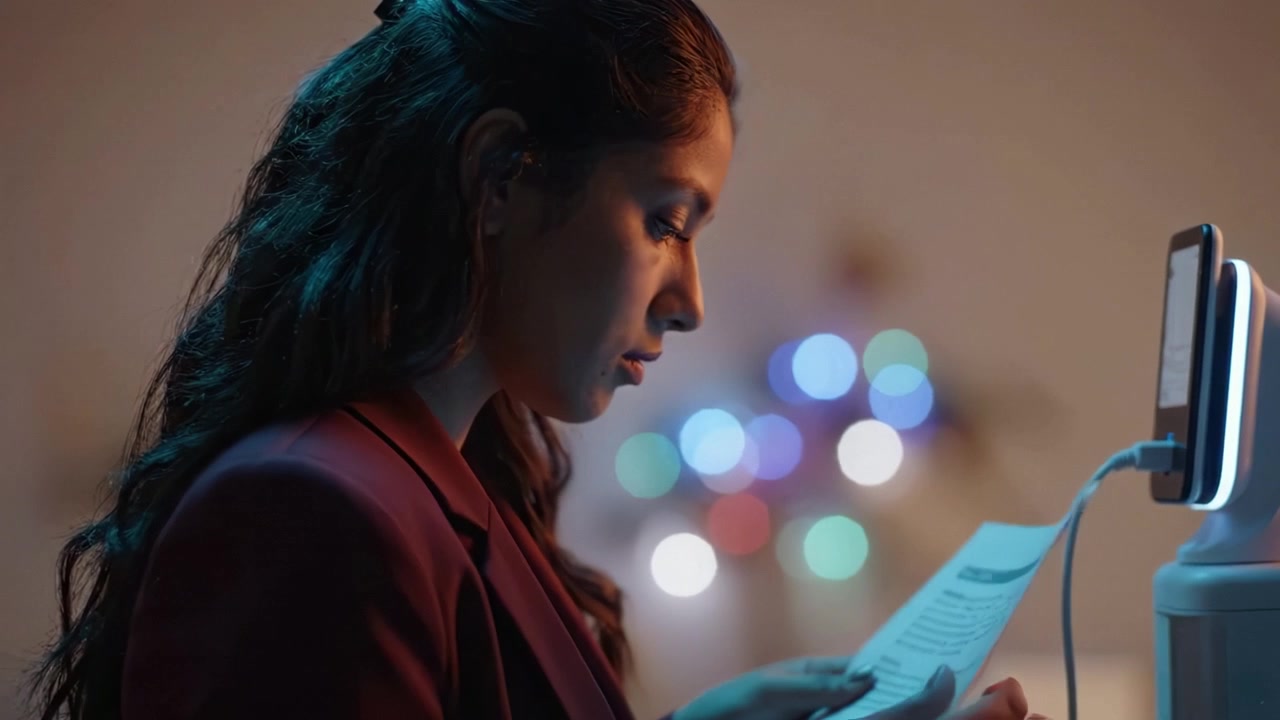 A focused woman reads a document attentively, illuminated by soft light in a cozy environment filled with colorful bokeh, capturing a moment of concentration.