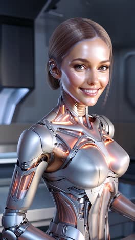 smiling robotic woman in futuristic setting