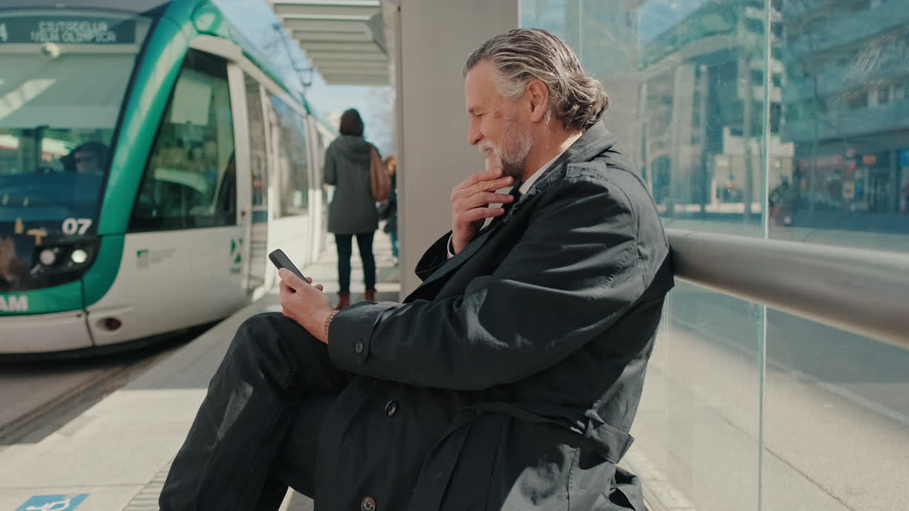 Businessman Using Phone at Tram Stop