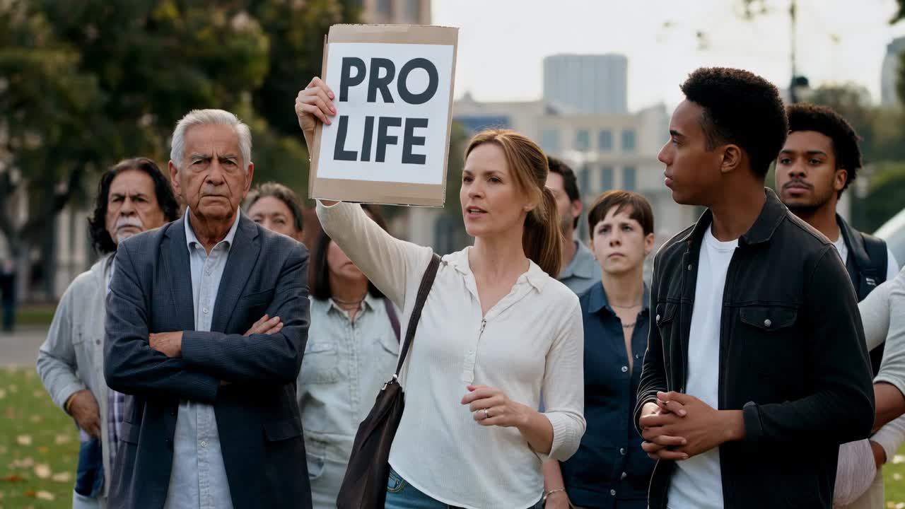 Raising woman in light blouse starting holding PRO LIFE sign at park, with bag, calling out