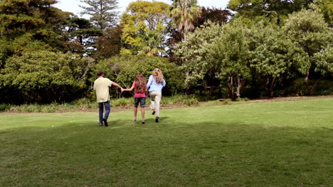 cheerful family holding hands