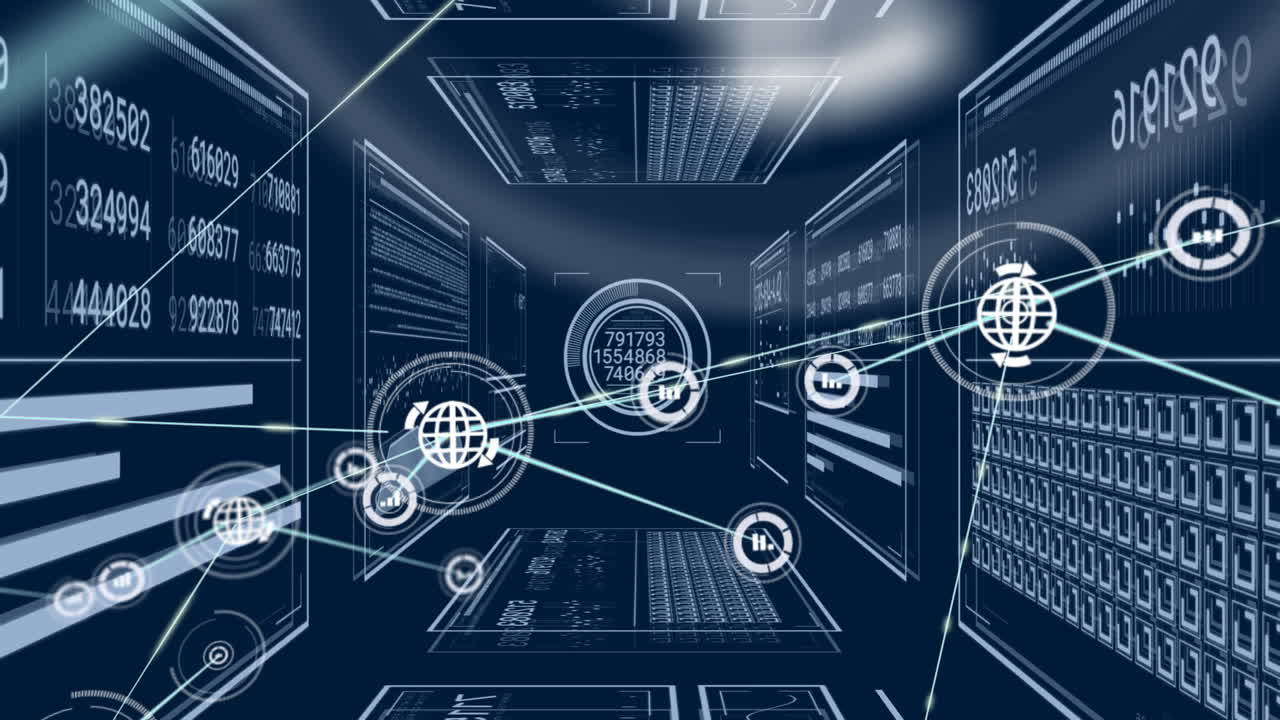 Animation of digital network connections processing data in futuristic virtual space