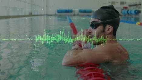 swimmer resting at pool edge with data visualization animation over water