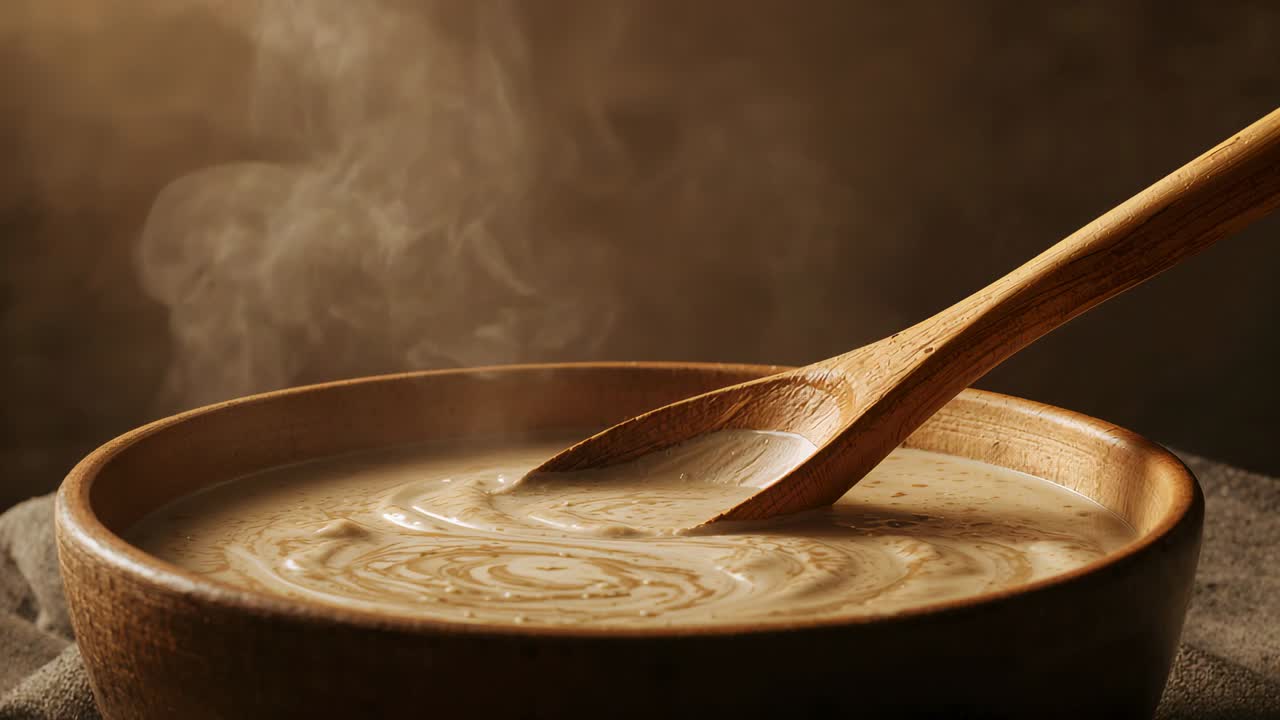 Nudging wooden spoon coaxing creamy soup to swirl in wooden bowl on cloth, steam rising