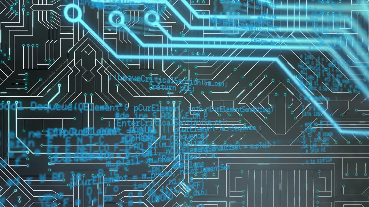 검은 바탕에 있는 회로판 위의 프로그래밍 언어의 애니메이션