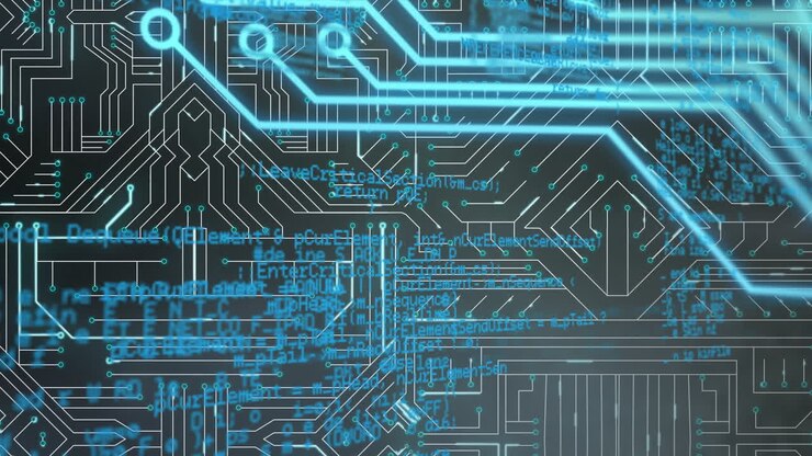 Animation of programming language over circuit board against black background