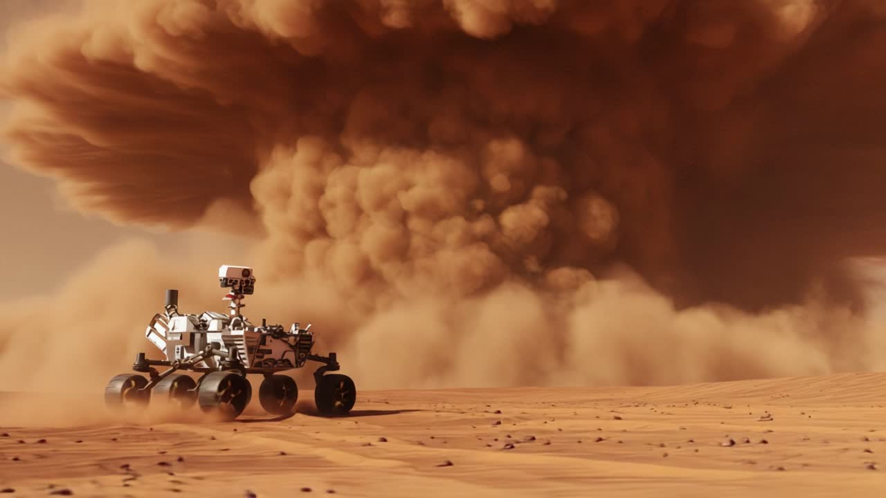 A Robotic Explorer Navigates the Martian Surface Amidst a Massive Dust Storm, Showcasing the Resilience of Technology in Harsh Planetary Conditions