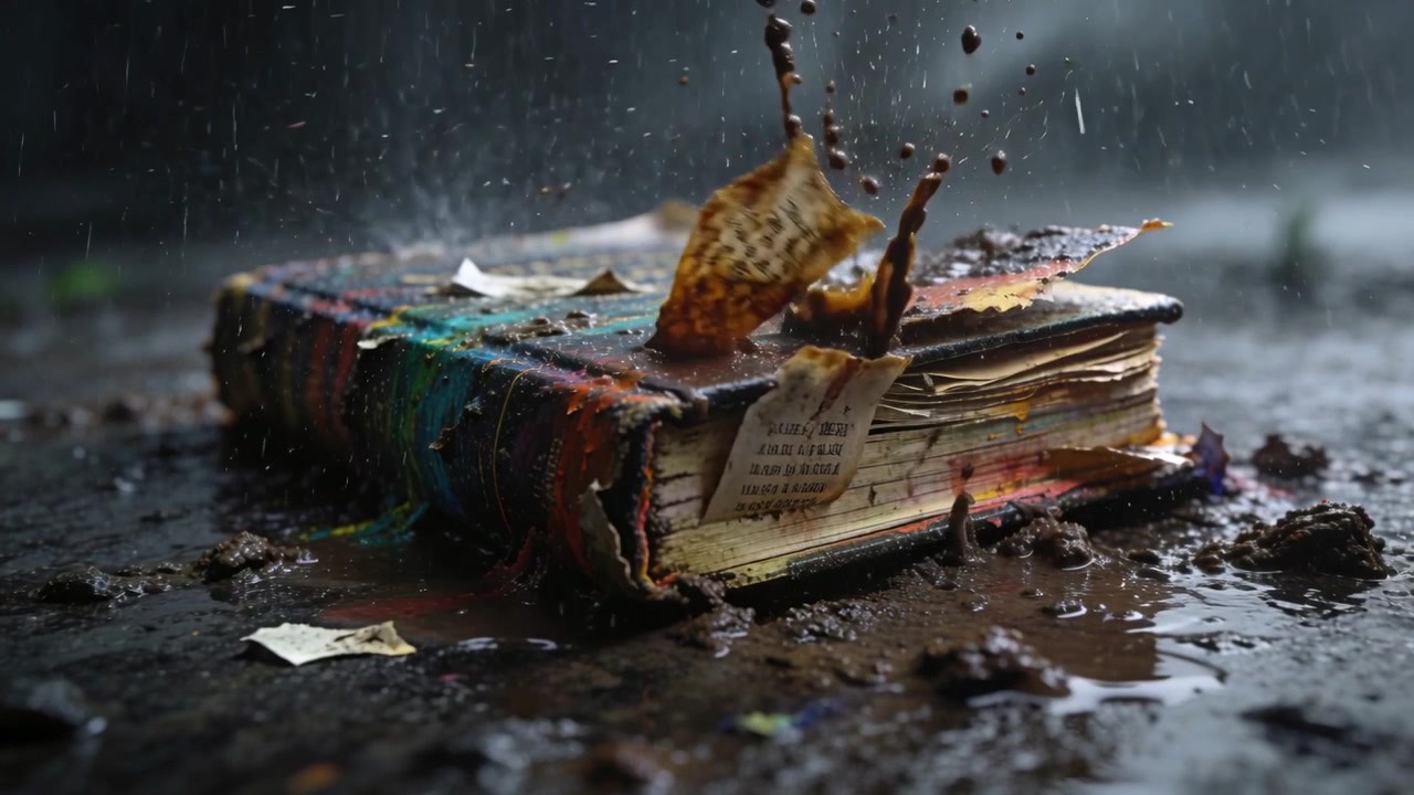 Goccia che colpisce un libro con copertina rigida dipinto su terreno bagnato, sollevando pagine sciolte e strappandole con il fango