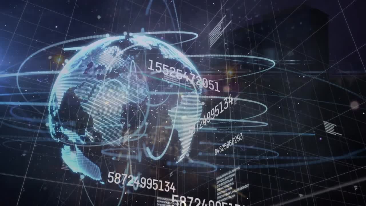 Animation of data processing and globe over cityscape