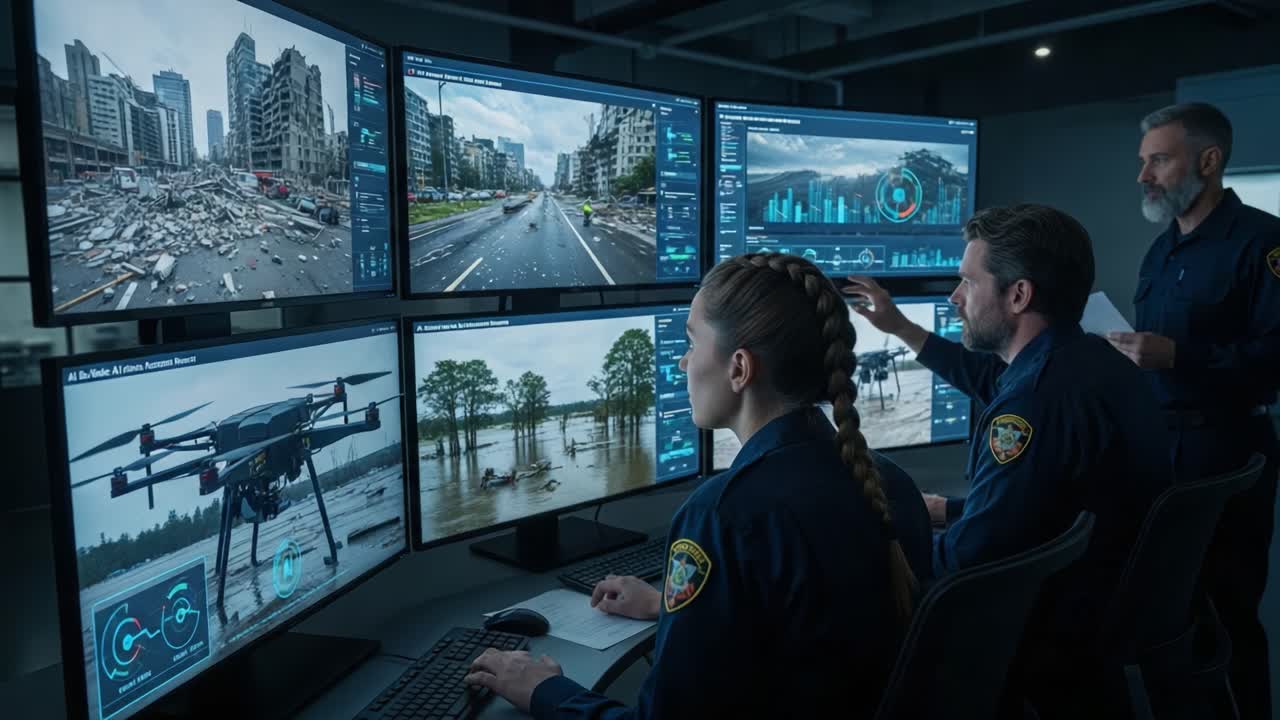 Emergency Response Team Analyzing Disaster Footage on Multiple Screens to Coordinate Recovery Efforts and Manage Aerial Drone Operations in Urban Environments