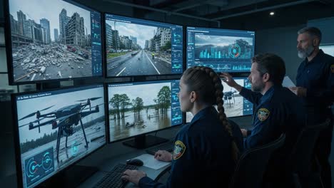 emergency response team analyzing disaster footage on multiple screens to coordinate recovery efforts and manage aerial drone operations in urban environments